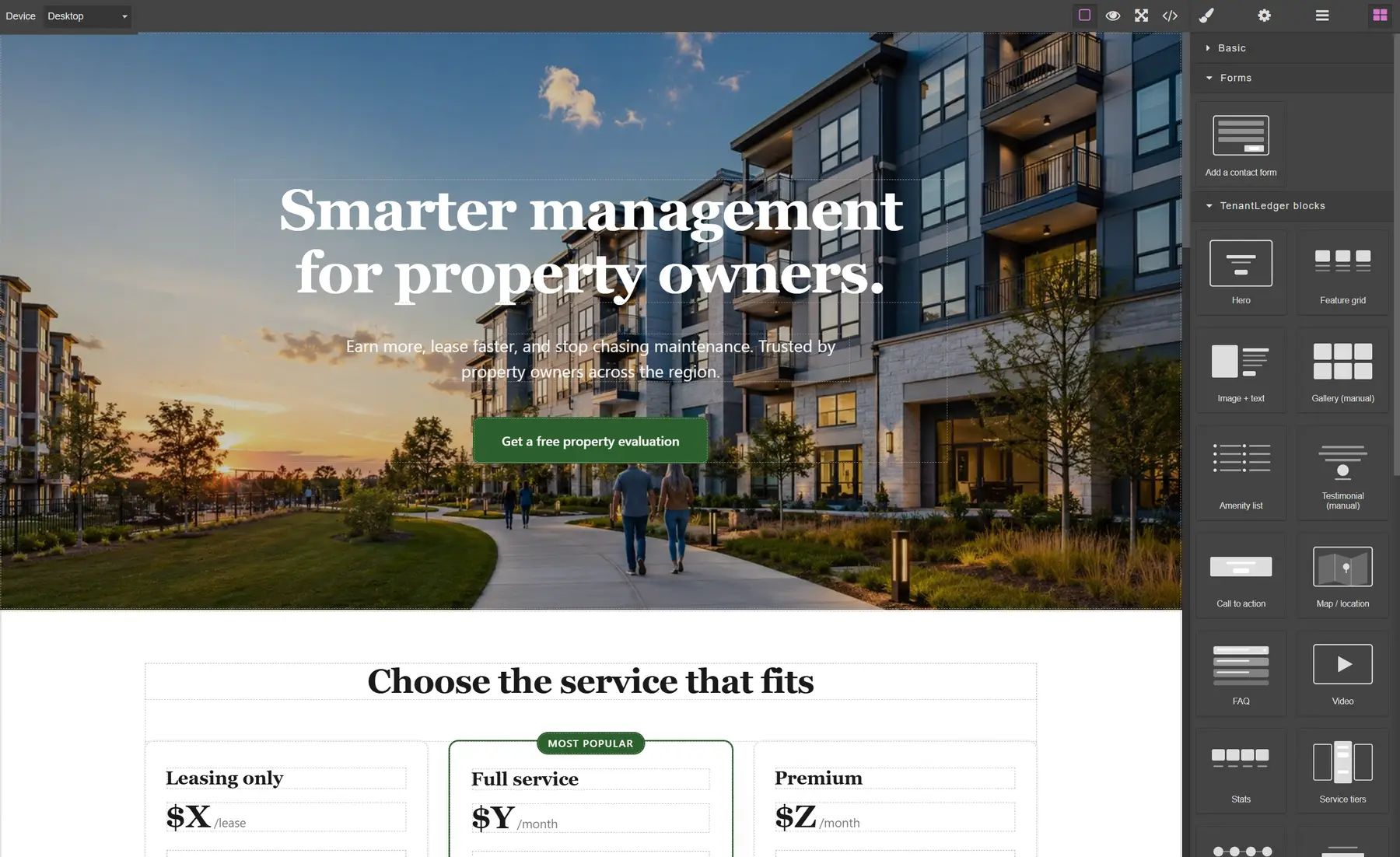 The TenantLedger drag-and-drop website builder — a property-management homepage on the canvas with the block palette open on the right