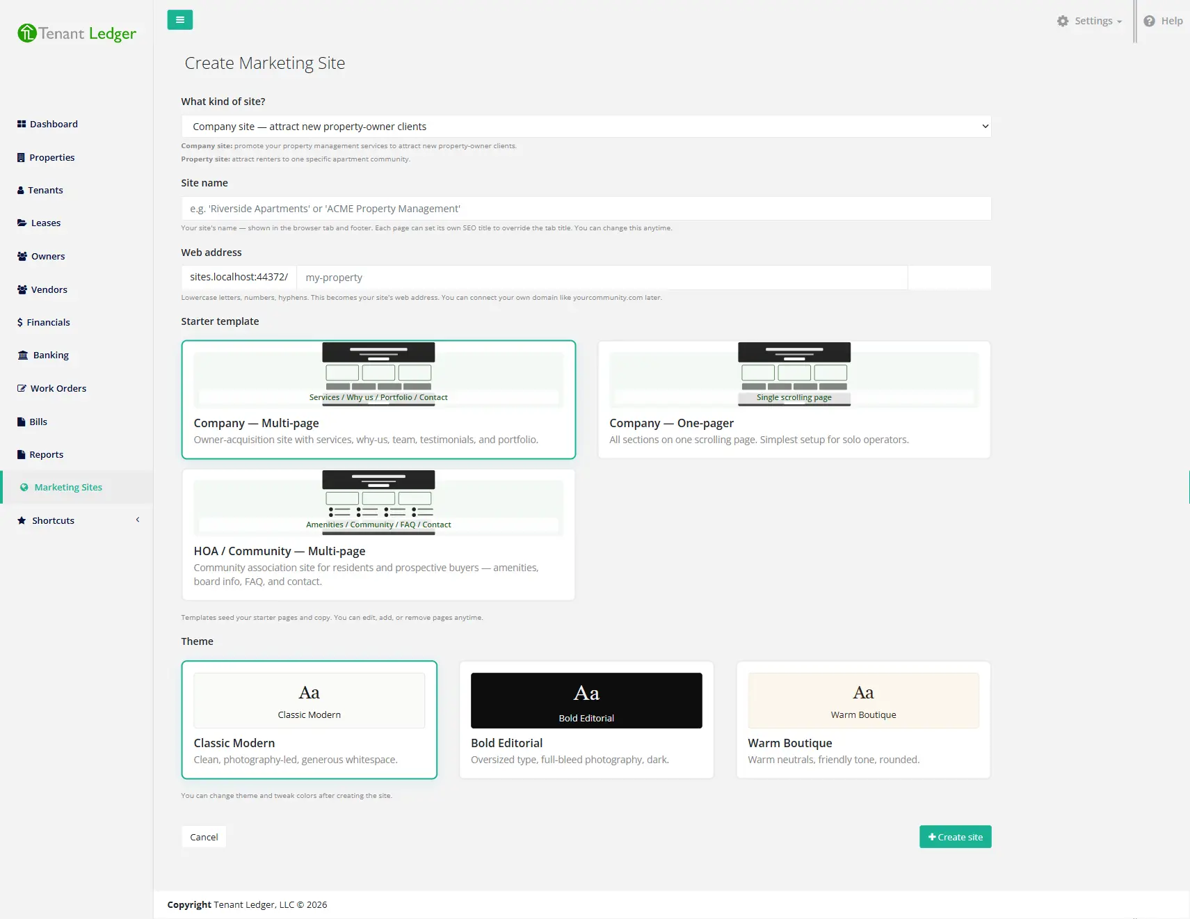 Choosing a starter template and theme in the TenantLedger site builder — Company, One-pager, and HOA templates with Classic Modern, Bold Editorial, and Warm Boutique themes