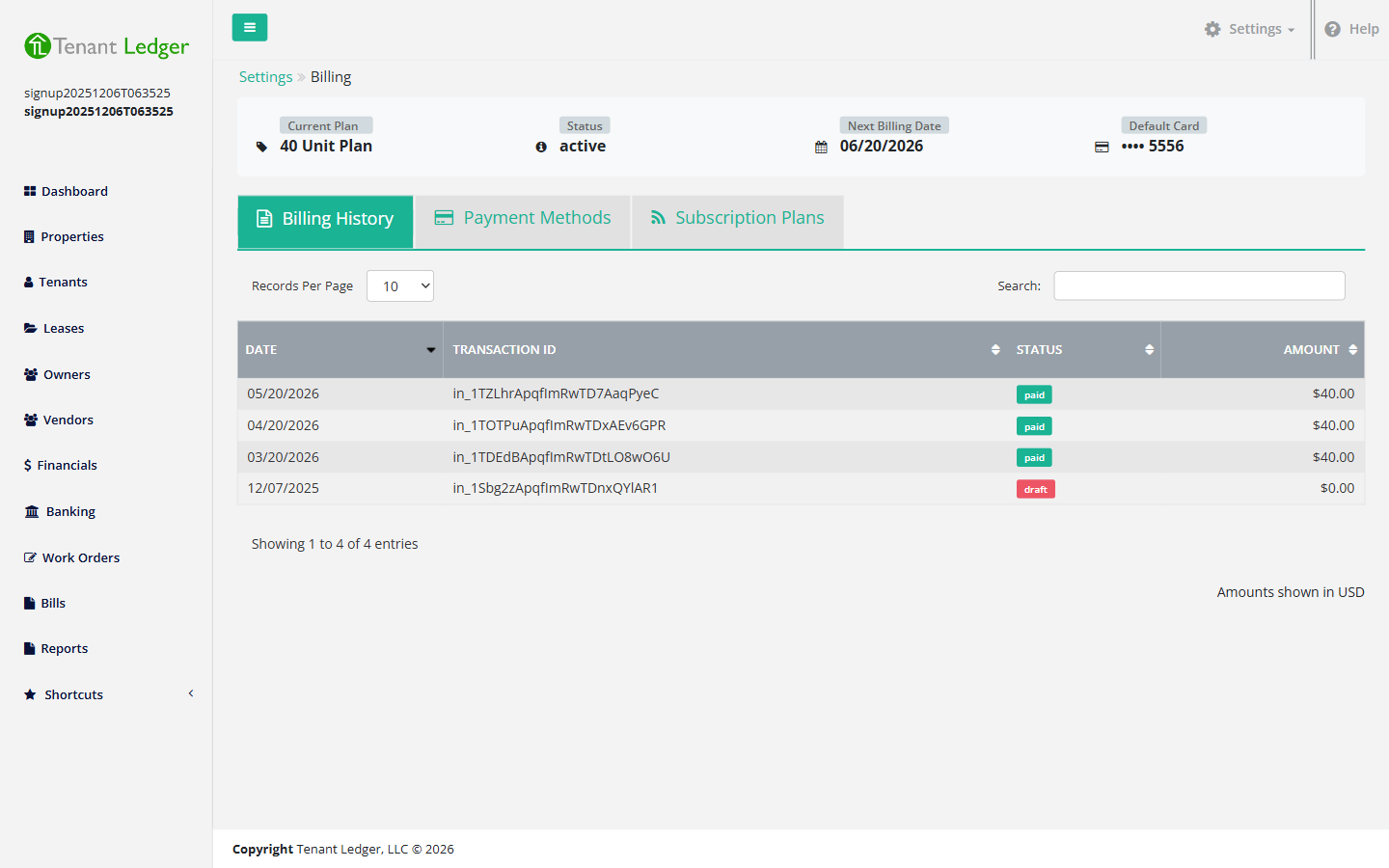 The Billing History tab listing past subscription invoices with their status