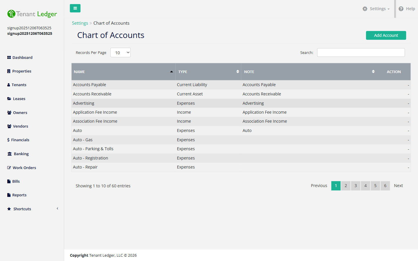 The Chart of Accounts page with the Add Account button