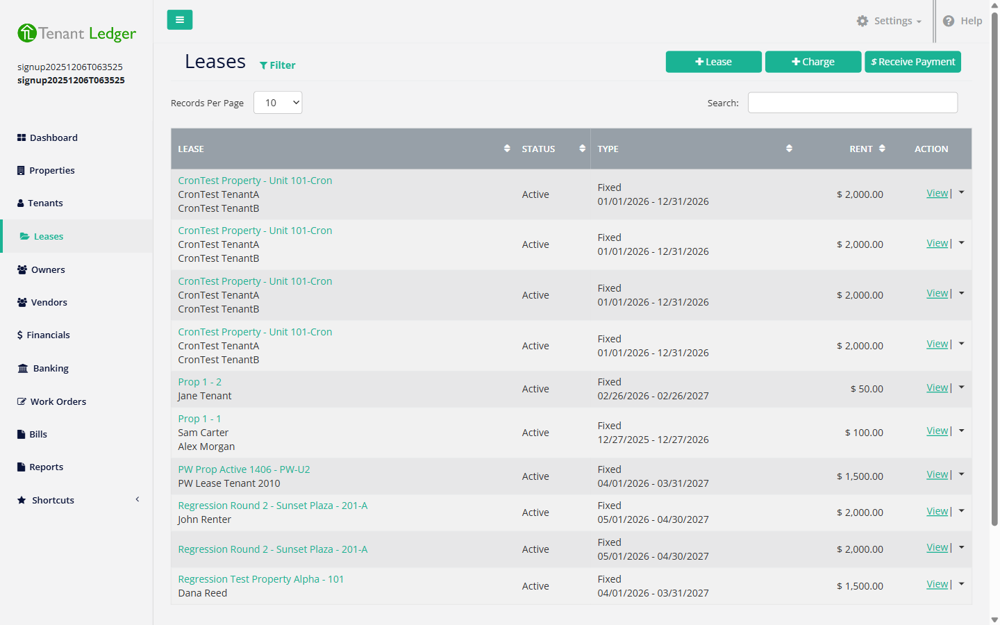 Leases list page with the Add Lease button in the top right