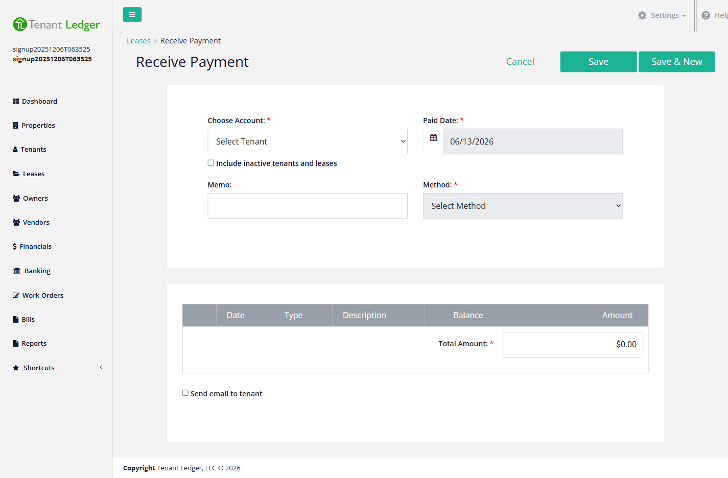 Receive Payment screen with a partial amount entered against an open charge